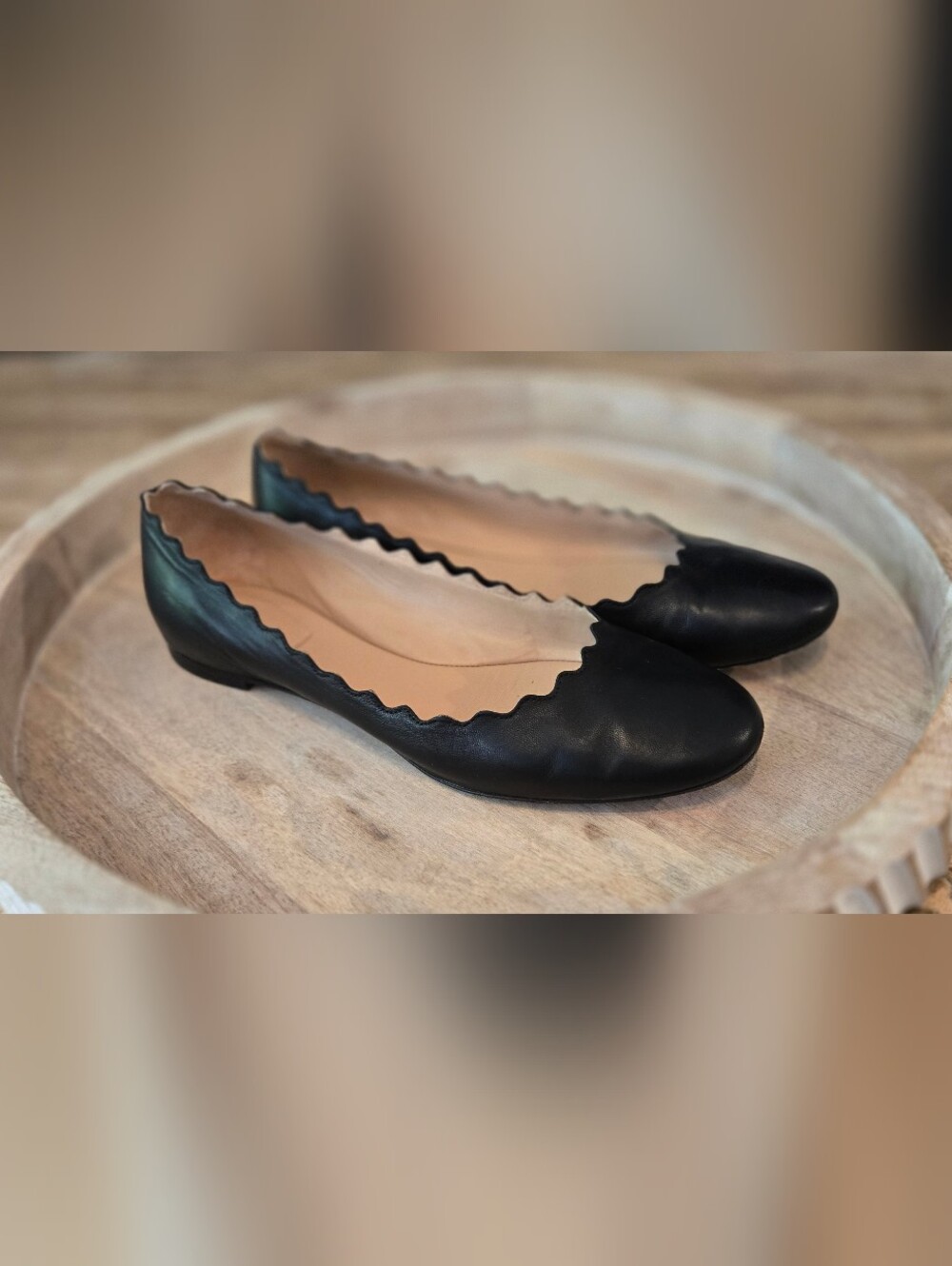 Chloe Black Scalloped Leather Ballet Flats 7.5 - Picture 2 of 4